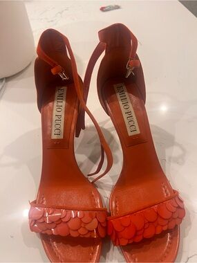 Emilio Pucci Red-Orange Sequin Front Strap kitten Heels